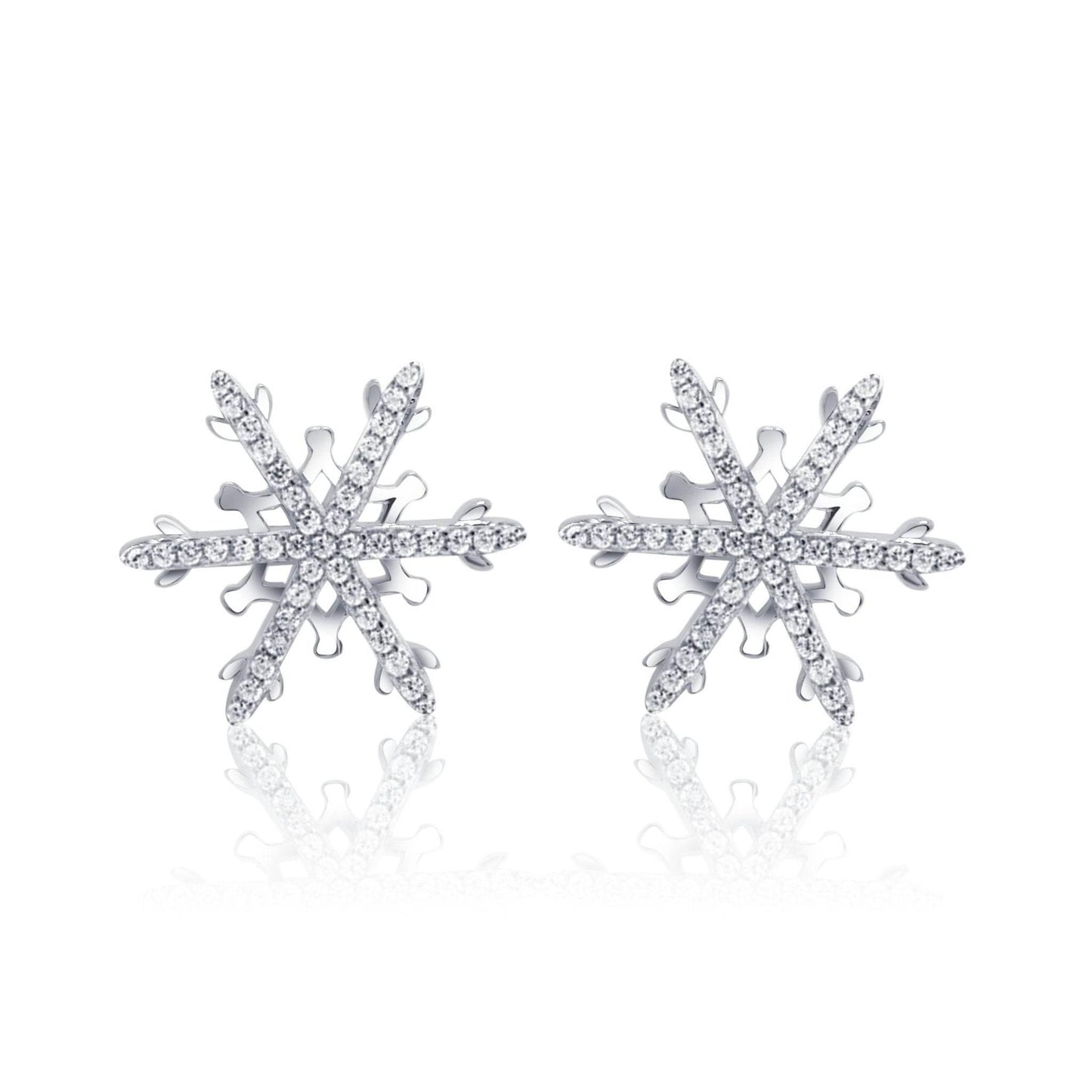 Sterling Silver Snowflake Earrings with Cubic Zirconia – Rhodium-Plated Studs - Bright Stone Jewelers