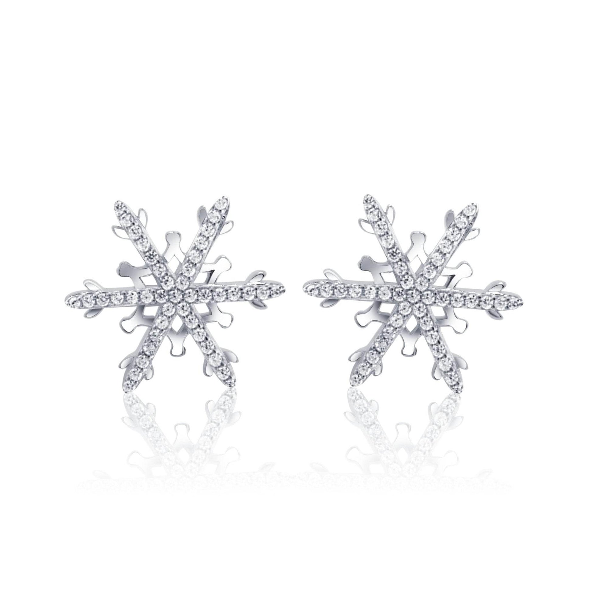 Sterling Silver Snowflake Earrings with Cubic Zirconia – Rhodium-Plated Studs - Bright Stone Jewelers