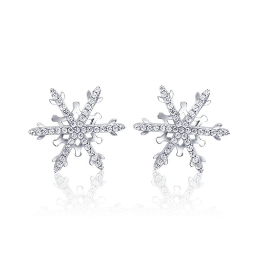 Sterling Silver Snowflake Earrings with Cubic Zirconia – Rhodium-Plated Studs - Bright Stone Jewelers